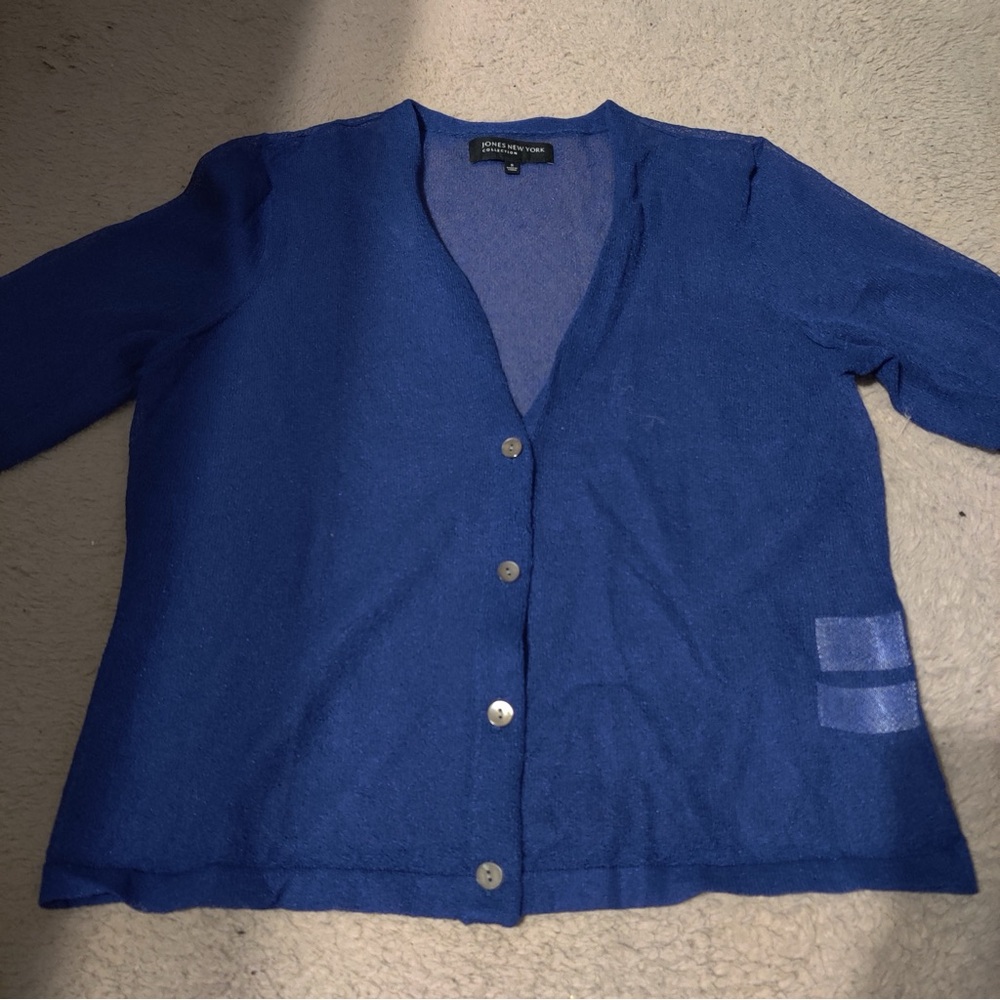 Jones New York Sapphire Blue Button-Up Cardigan Dark Cerulean Sheer V neck Small
